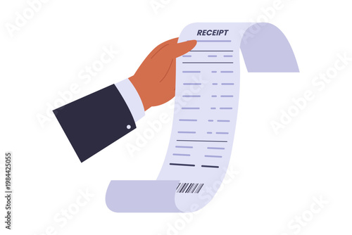 Hand Holding Long Receipt Bill. A professional hand in a suit holding a long paper receipt or financial bill, representing expenses, retail, and accounting