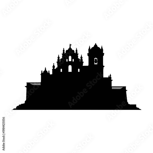 Black Silhouette of an Old Baroque Cathedral Church Architecture