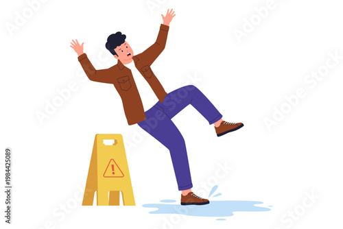 Illustration of Man Falling Down on Wet Slippery Floor. A man losing balance and falling on a puddle next to a yellow wet floor warning sign, representing workplace safety and accidents