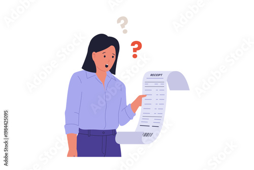 Worried Woman Looking at Long Receipt Bill. A frustrated woman looking at a long shopping receipt with question marks, representing high costs, inflation, and financial stress