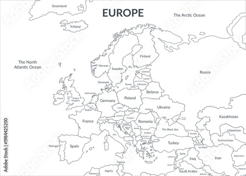 Detailed white political map of the European countries and nearby regions12. Vector flat background.
