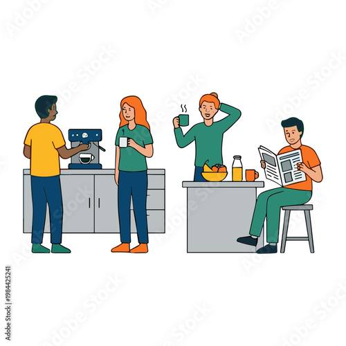 People interacting in a kitchen with food and drinks on the counter
