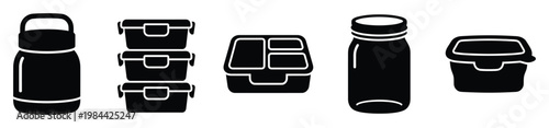Essential kitchen and travel items like bento boxes, stacked food containers, beverage thermos, and glass jar depicted as graphic black silhouette symbols for ecological and organizational