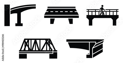 A collection of various bridge types and infrastructure elements represented as black silhouettes suitable for urban planning transportation design or engineering concept visuals