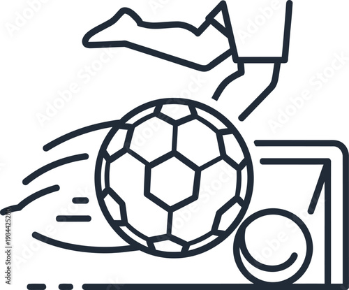 Footballer kicking ball towards goal, action icon, outline graphic of a soccer