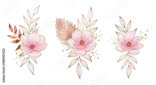 Elegant Watercolor Floral Arrangements with Rose Gold Accents and Feathers