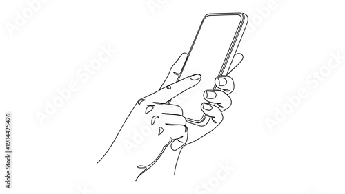 A hand holding a smartphone device. Continuous line style. Hand drawn. Line art. Vector design. illustration