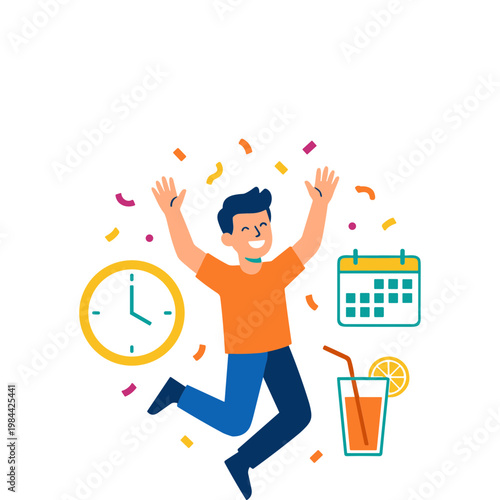 Man celebrates New Year's Eve with clock, calendar, and cocktail