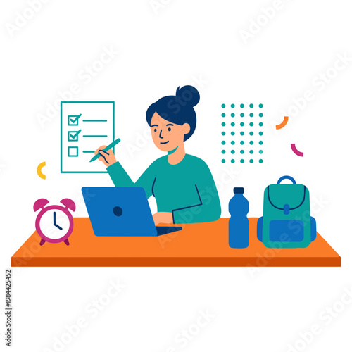 Woman studies with laptop and checklist on desk at office