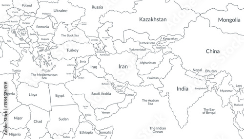 Detailed political map of the Middle East and nearby regions4. Vector flat background.