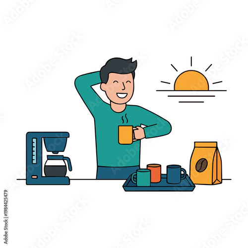 Man enjoys morning coffee with sunrise view at home kitchen table