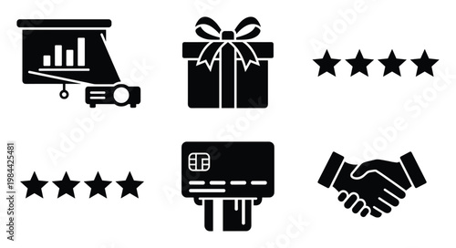 Versatile set of business and finance icons covering presentation, rewards, ratings, payments, and agreements, perfect for modern corporate communication and digital graphics