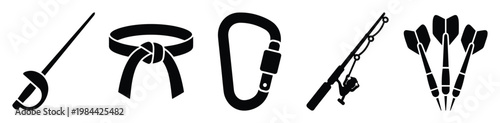 Various sports and recreation equipment silhouettes including a fencing sword martial arts belt carabiner fishing rod and darts useful for activity related content