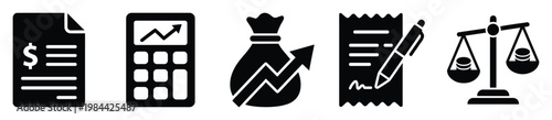 Versatile financial management icons illustrating concepts of accounting, economic growth, investment analysis, budget planning, and financial transactions for various business applications