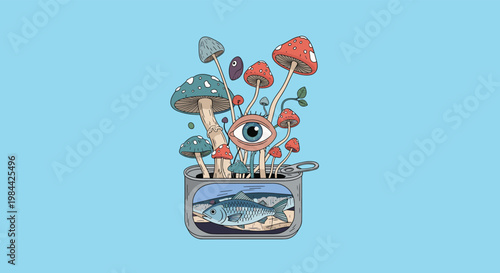 surreal and creative illustration of an open sardine tin with mushrooms and a human eye growing out of it on a blue background.