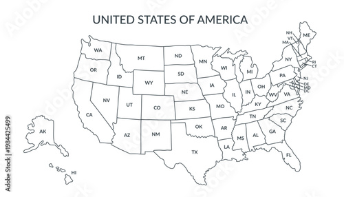 A detailed political map of the United States of America with an abbreviated names of states2. Vector flat clipart.