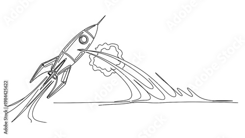 A rocket ship launching into space. Continuous line style. Hand drawn. Line art. Vector design. illustration
