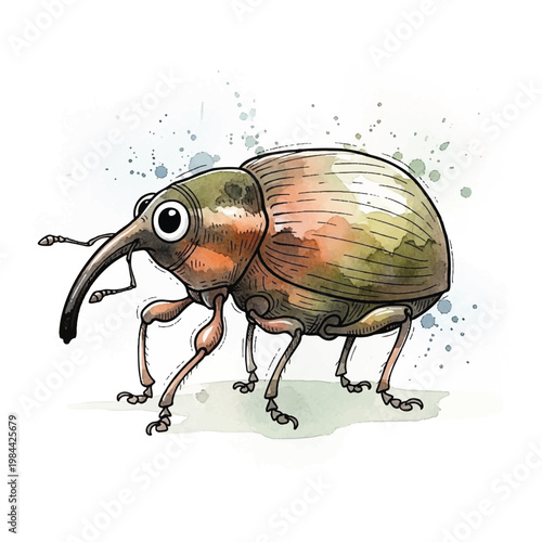 Weevil insect with long snout walking.