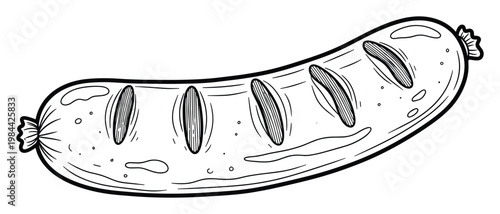 Hand drawn sketch of a grilled sausage with detailed texture, perfect for food preparation concepts, restaurant menus, cooking guides, or recipe illustrations.