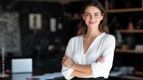 Confident stylish middle-aged businesswoman standing in workplace, professional executive manager looking at camera