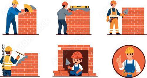 Vector illustration set of male construction workers building with bricks, using tools like trowels and levels, ideal for construction, masonry, and labor-related designs