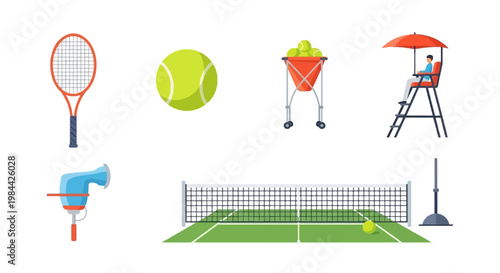 Tennis Equipment and Court Scene with Tennis Racket, Tennis Ball, and Net