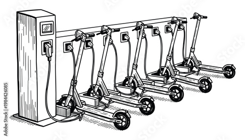 Electric scooters parked at a dedicated public charging station, illustrating urban green transportation solutions and convenient shared mobility services for modern city life