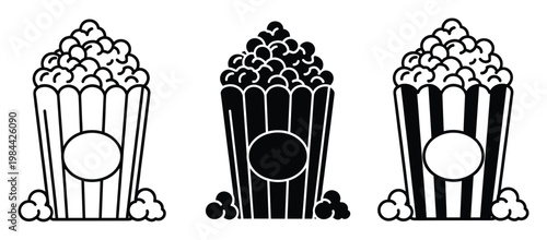 Popcorn buckets with overflowing kernels and customizable labels, ideal for cinema, movie night, party invitations, snack bar menus, and entertainment branding promotions.