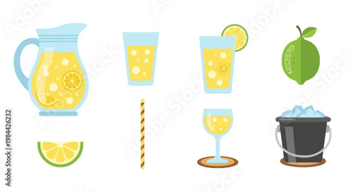 Refreshing Lemonade with Ice and Lime Slices in a Glass Pitcher