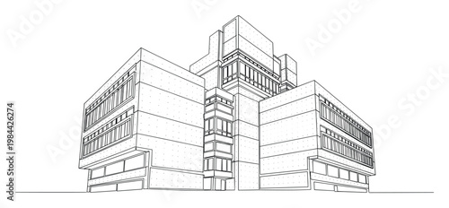 Architectural line drawing of a modern modular building with a complex geometric structure ideal for construction plans property development concepts or urban planning presentations