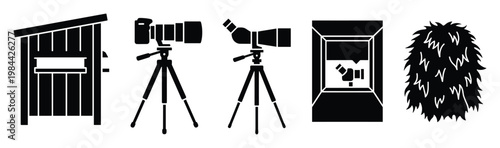 Vector icons for wildlife observation and nature photography gear bird hide, tripod camera, spotting scope, underwater viewer, camouflage suit, perfect for outdoor hobbies and nature content