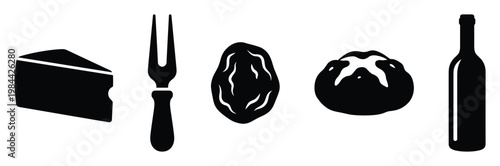Assortment of food and drink items including a cheese wedge, serving fork, dried fruit, baked bread, and a wine bottle for various culinary graphics and restaurant menu designs