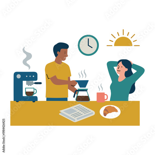 Man prepares coffee while woman relaxes at morning kitchen table