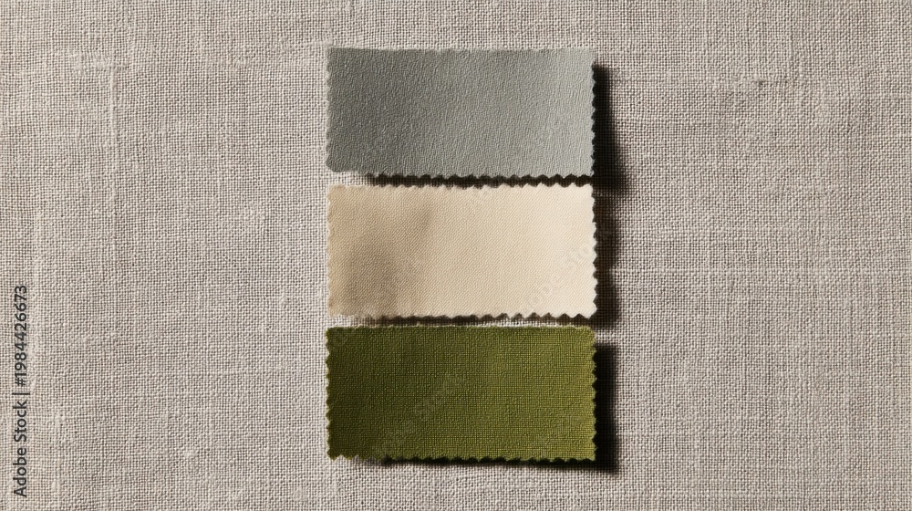 Fototapeta premium Three wavy-edged fabric swatches in grey, beige, and olive green vertically arranged on light grey textured cloth.