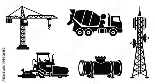 Essential construction equipment and infrastructure silhouettes including tower crane concrete mixer truck paver industrial pipe and telecom tower for industrial project presentations