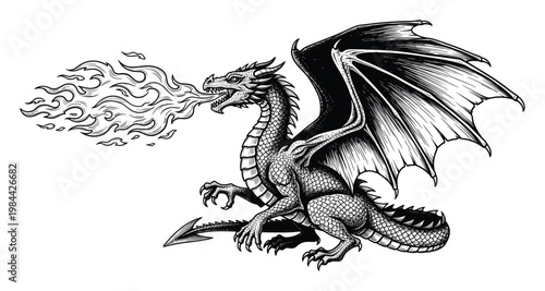 Majestic firebreathing dragon with detailed scales and powerful wings perfect for a mythical lore book cover or an impactful gaming logo