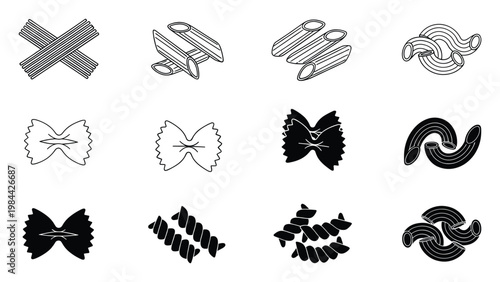 Diverse pasta shape icons in monochromatic outline and filled styles, perfect for enhancing food blogs, restaurant menus, cooking applications, and various graphic design projects focused