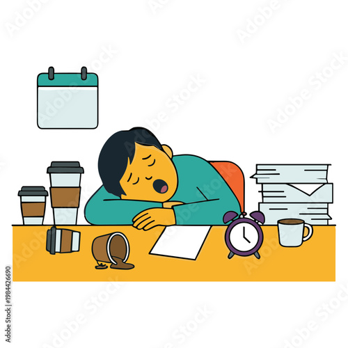 Man falls asleep at office desk with papers, coffee, and calendar nearby