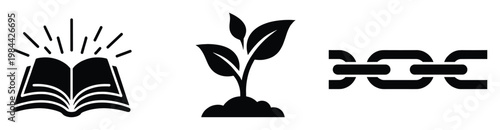 Symbolic black vector icons of an open book for knowledge, a plant for growth, and a chain for connection, ideal for educational, business, and technical presentations.