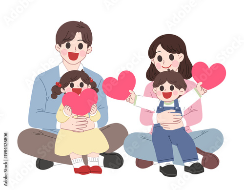 Happy Family Holding Hearts