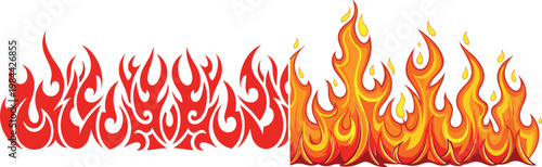 Collection of Red Tribal Tattoo Style Flames and Stylized Orange Cartoon Fire Borders Isolated on White Background for Racing Decals and Graphic Design