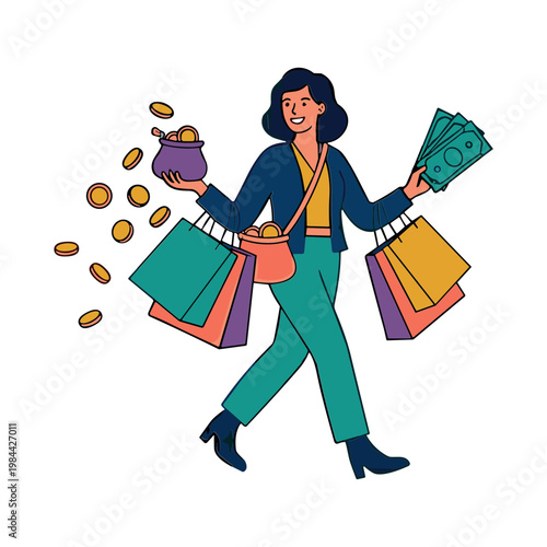Woman happily walking while holding shopping bags and money with coins spilling out