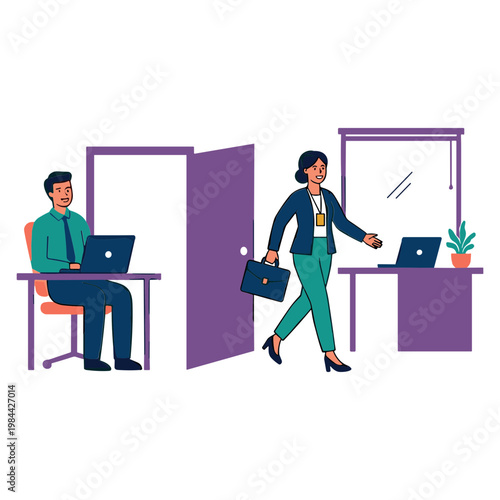 Businesswoman walks into office with coworker working on laptop