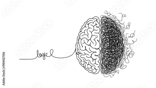 Illustration of a brain with logic. Continuous line style. Hand drawn. Line art. Vector design. illustration