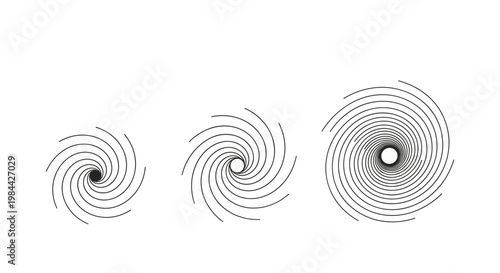Three different black and white line art illustrations of spiral galaxies or swirling vortex patterns against a white background.