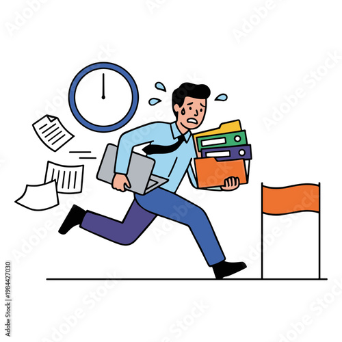Man rushing to work with files and clock ticking