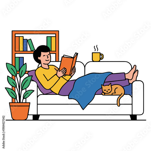 A woman reclines on a couch reading a book with her cat.