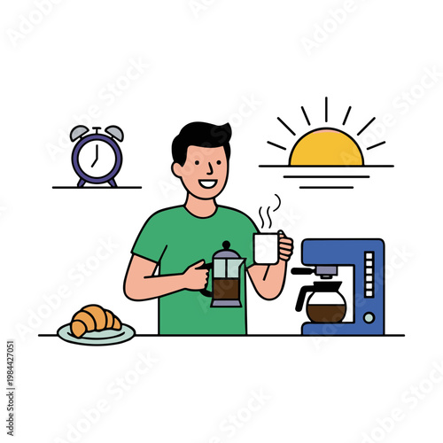 Man in green shirt making coffee with French press and coffee maker
