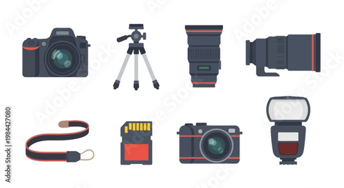 Collection of Photography Equipment Including Camera, Tripod, Lenses, and Flash