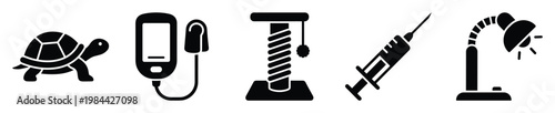 Black silhouette vector icons of a turtle, glucose monitor, cat scratching post, syringe, and desk lamp for diverse graphic designs and informational content